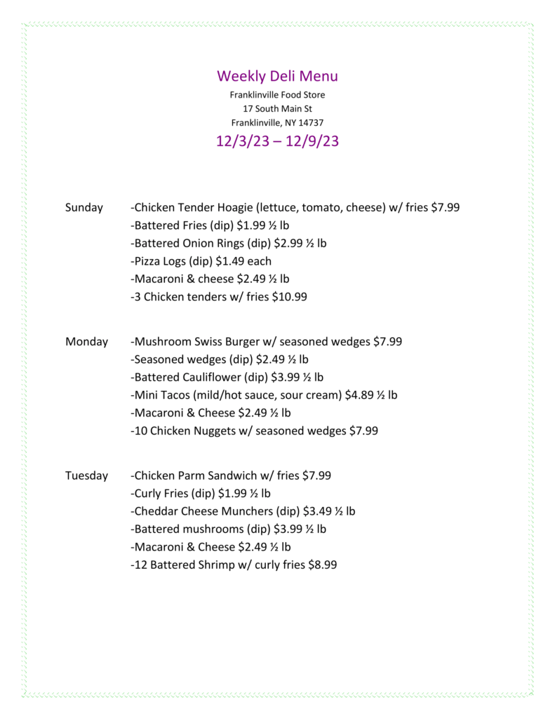 Weekly deli menu